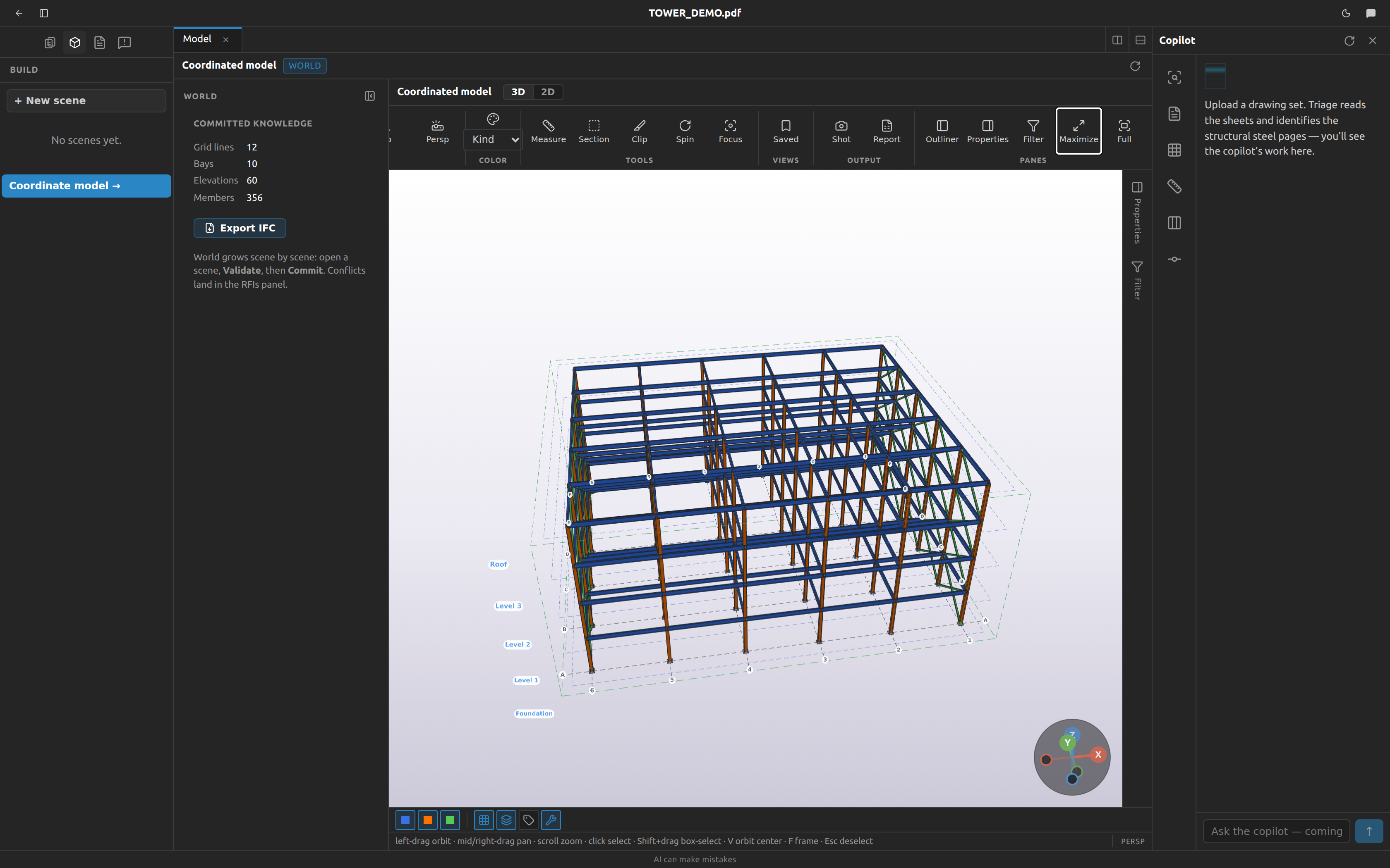 Coordinated 3D model — orbit, section, measure and colour