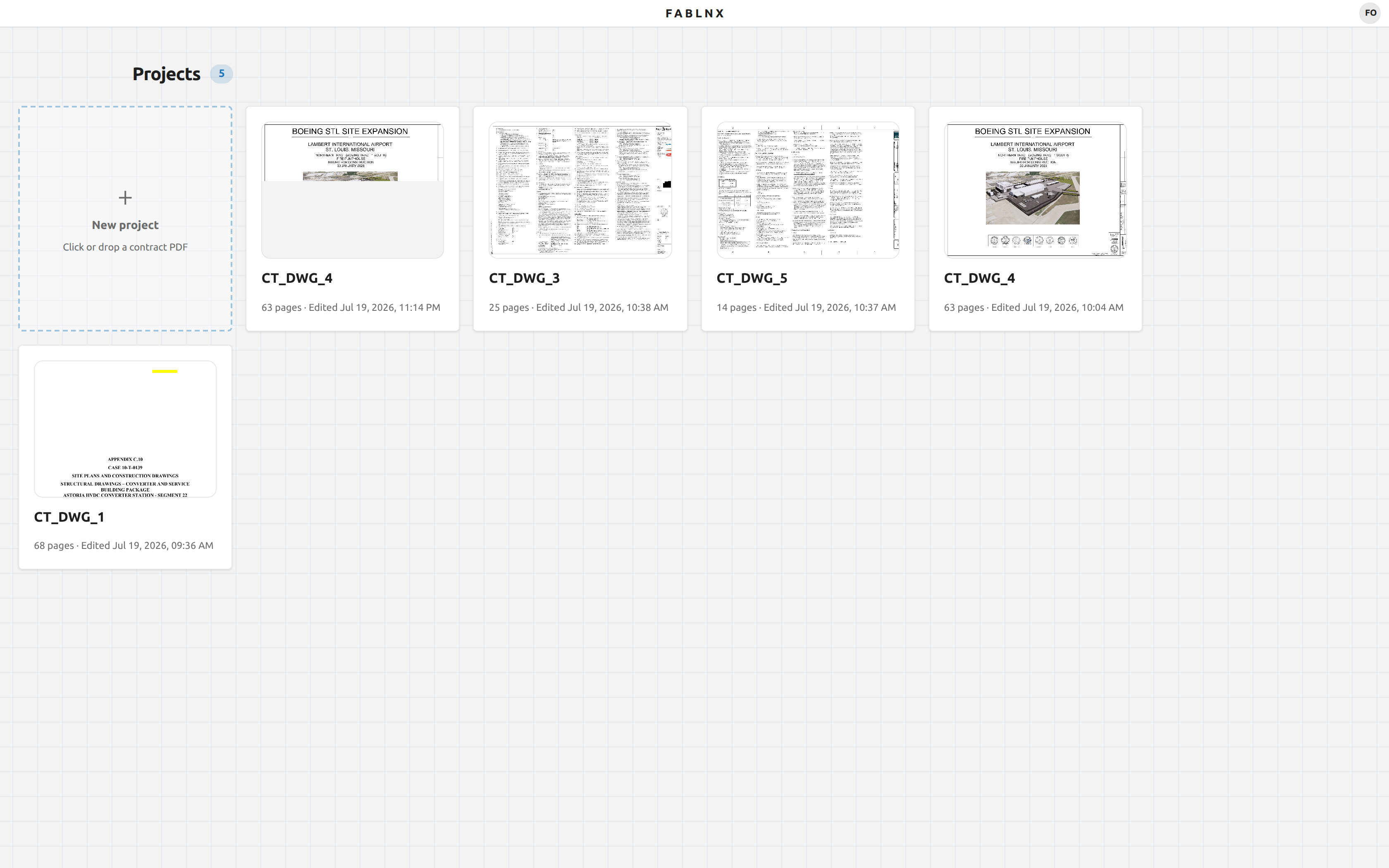 The projects screen: a New project tile followed by project cards