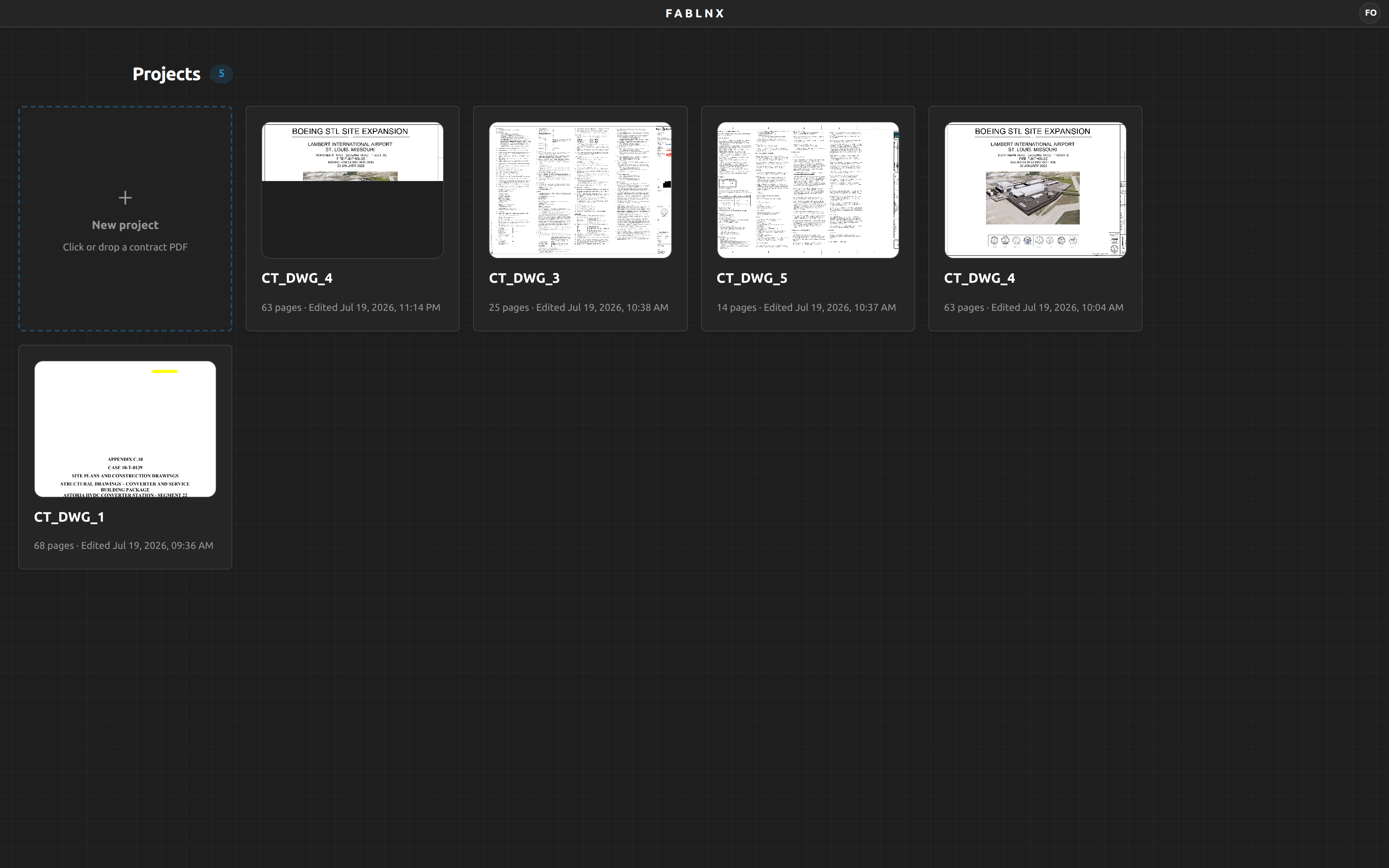 The projects screen: a New project tile followed by project cards