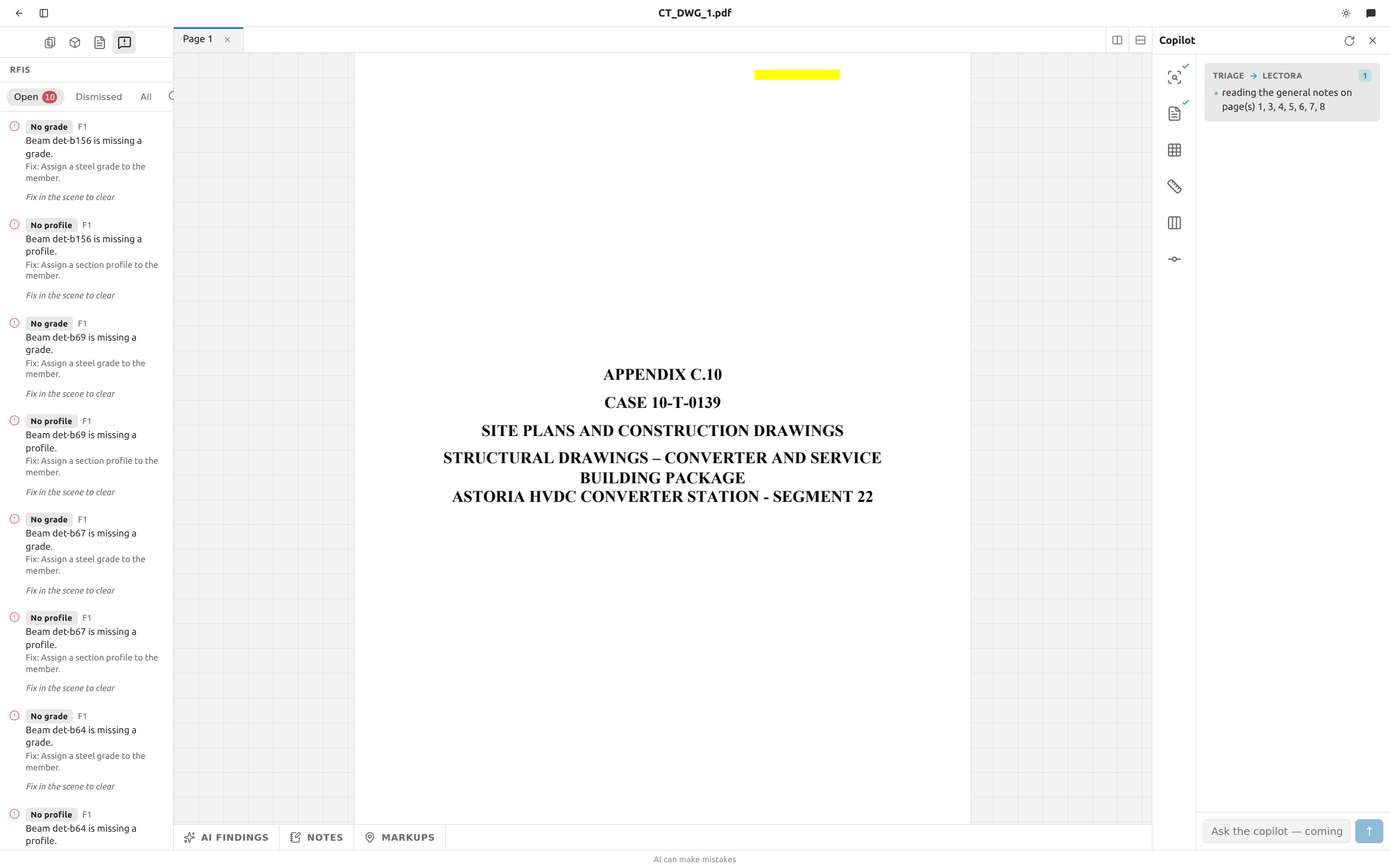 The RFIs panel, listing open findings with their rule, scene and fix hint